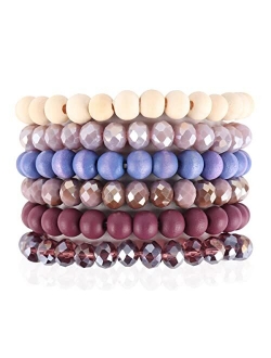 Bohemian Multi-Layer Beaded Stacking Statement Bracelets - Versatile Stretch Strand Sparkly Crystal Beads Wrap Slip-on Cuff Bangle Set