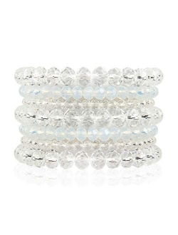 Bohemian Multi-Layer Beaded Stacking Statement Bracelets - Versatile Stretch Strand Sparkly Crystal Beads Wrap Slip-on Cuff Bangle Set