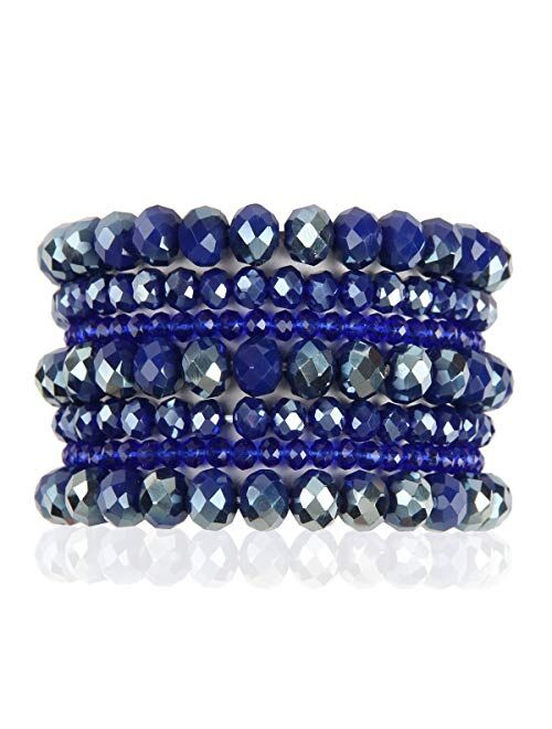 Riah Fashion Bohemian Multi-Layer Beaded Stacking Statement Bracelets - Versatile Stretch Strand Sparkly Crystal Beads Wrap Slip-on Cuff Bangle Set