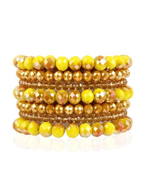 Riah Fashion Bohemian Multi-Layer Beaded Stacking Statement Bracelets - Versatile Stretch Strand Sparkly Crystal Beads Wrap Slip-on Cuff Bangle Set