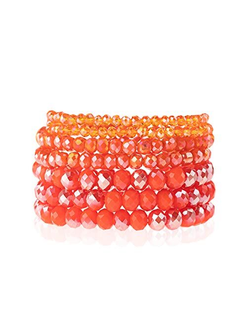 Riah Fashion Bohemian Multi-Layer Beaded Stacking Statement Bracelets - Versatile Stretch Strand Sparkly Crystal Beads Wrap Slip-on Cuff Bangle Set