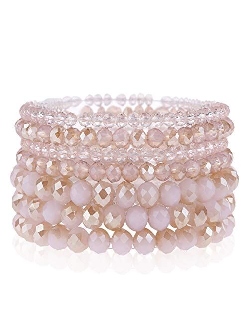 Riah Fashion Bohemian Multi-Layer Beaded Stacking Statement Bracelets - Versatile Stretch Strand Sparkly Crystal Beads Wrap Slip-on Cuff Bangle Set