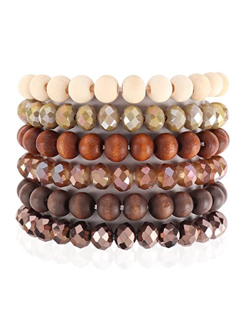 Riah Fashion Bohemian Multi-Layer Beaded Stacking Statement Bracelets - Versatile Stretch Strand Sparkly Crystal Beads Wrap Slip-on Cuff Bangle Set