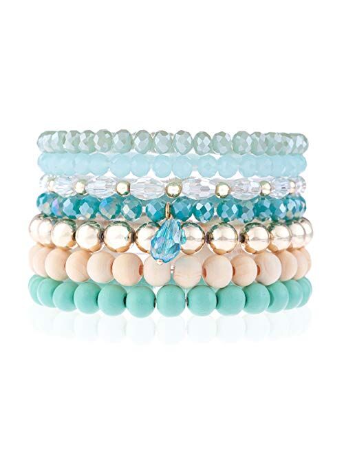 Riah Fashion Bohemian Multi-Layer Beaded Stacking Statement Bracelets - Versatile Stretch Strand Sparkly Crystal Beads Wrap Slip-on Cuff Bangle Set