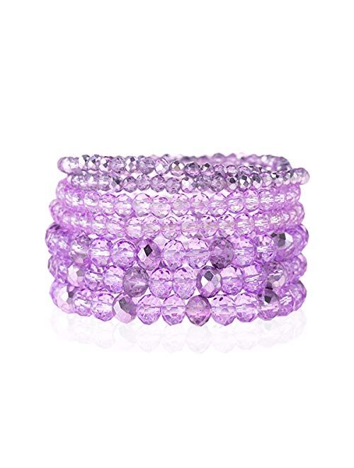 Riah Fashion Bohemian Multi-Layer Beaded Stacking Statement Bracelets - Versatile Stretch Strand Sparkly Crystal Beads Wrap Slip-on Cuff Bangle Set