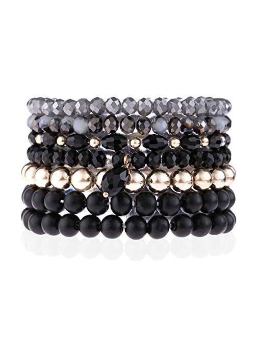 Riah Fashion Bohemian Multi-Layer Beaded Stacking Statement Bracelets - Versatile Stretch Strand Sparkly Crystal Beads Wrap Slip-on Cuff Bangle Set