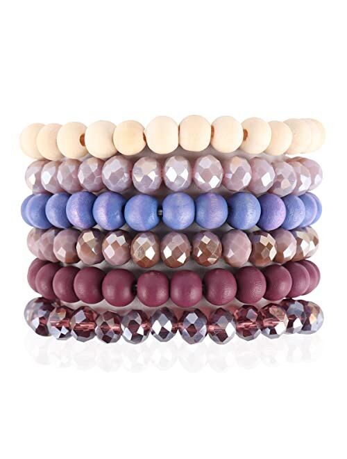 Riah Fashion Bohemian Multi-Layer Beaded Stacking Statement Bracelets - Versatile Stretch Strand Sparkly Crystal Beads Wrap Slip-on Cuff Bangle Set