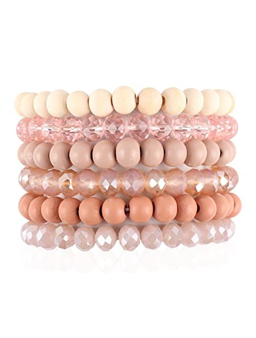 Riah Fashion Bohemian Multi-Layer Beaded Stacking Statement Bracelets - Versatile Stretch Strand Sparkly Crystal Beads Wrap Slip-on Cuff Bangle Set