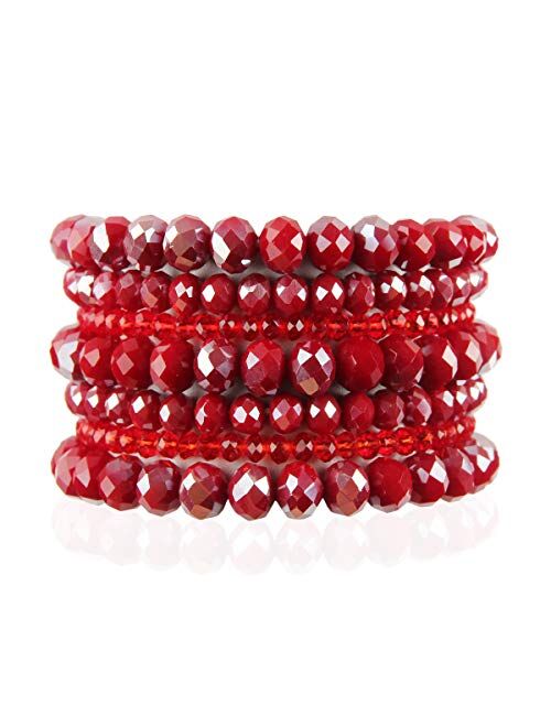 Riah Fashion Bohemian Multi-Layer Beaded Stacking Statement Bracelets - Versatile Stretch Strand Sparkly Crystal Beads Wrap Slip-on Cuff Bangle Set