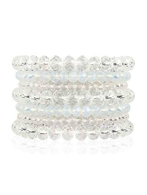 Riah Fashion Bohemian Multi-Layer Beaded Stacking Statement Bracelets - Versatile Stretch Strand Sparkly Crystal Beads Wrap Slip-on Cuff Bangle Set