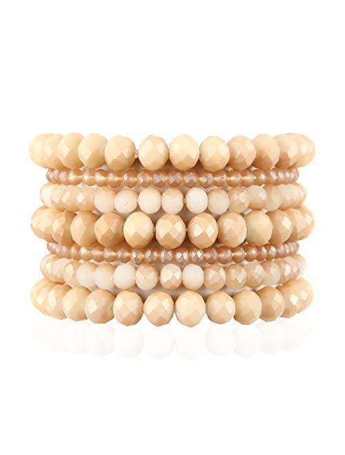 Riah Fashion Bohemian Multi-Layer Beaded Stacking Statement Bracelets - Versatile Stretch Strand Sparkly Crystal Beads Wrap Slip-on Cuff Bangle Set