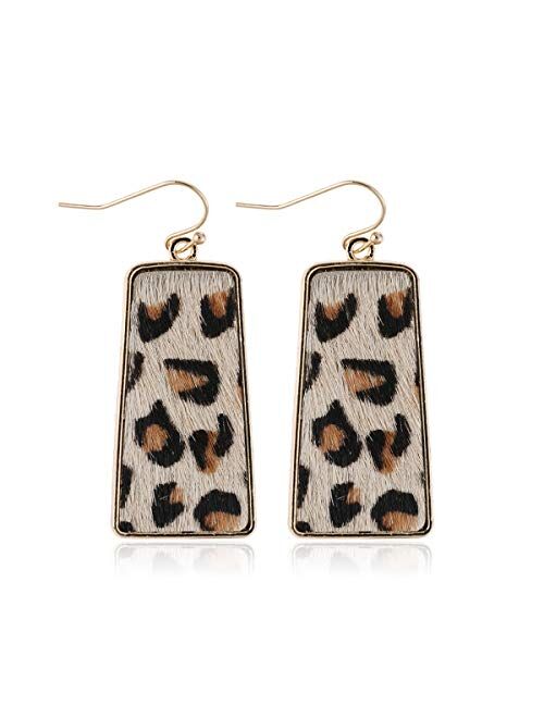 Riah Fashion Bohemian Genuine Leather Geometric Earrings - Lightweight Animal Print Dangles Calf Hair Teardrop, Zebra Leaf, Leopard Hoop