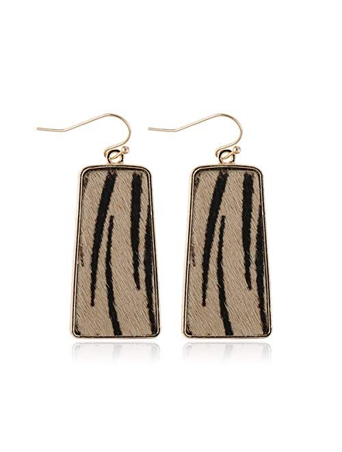 Riah Fashion Bohemian Genuine Leather Geometric Earrings - Lightweight Animal Print Dangles Calf Hair Teardrop, Zebra Leaf, Leopard Hoop