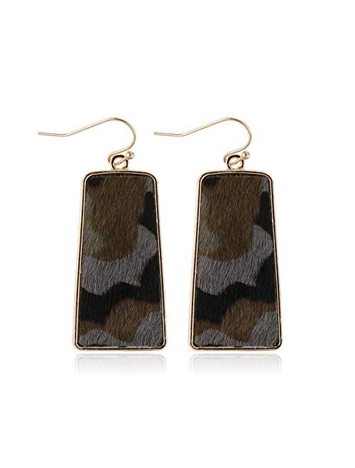 Riah Fashion Bohemian Genuine Leather Geometric Earrings - Lightweight Animal Print Dangles Calf Hair Teardrop, Zebra Leaf, Leopard Hoop