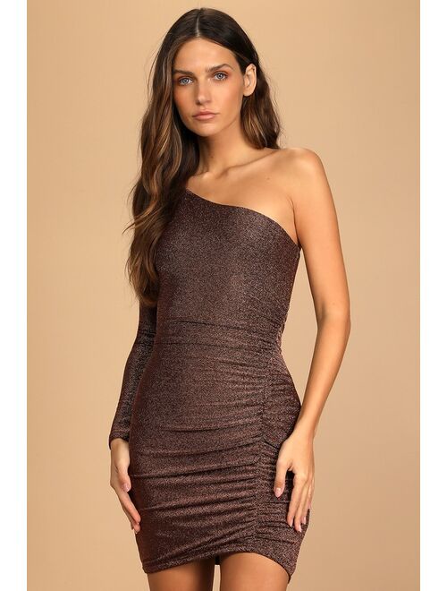 Lulus Stunner Rose Gold Metallic Ruched One-Shoulder Bodycon Dress