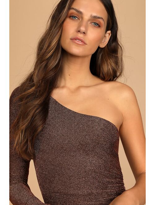 Lulus Stunner Rose Gold Metallic Ruched One-Shoulder Bodycon Dress