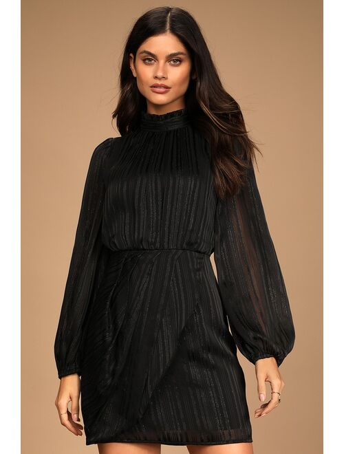 Lulus Cocktail Hour Chic Black Striped Long Sleeve Mini Dress