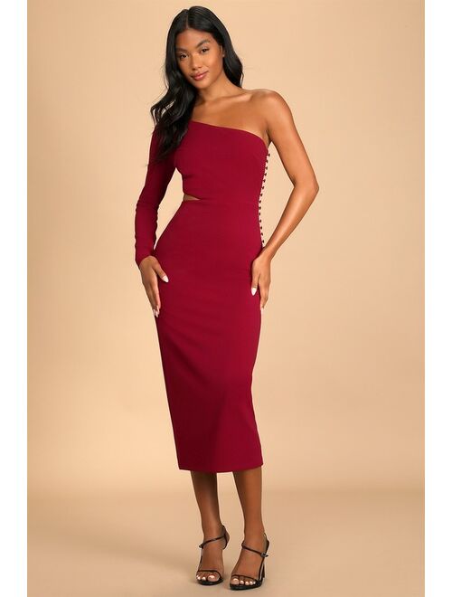 Lulus Truly Tempted Burgundy One-Shoulder Cutout Midi Dress