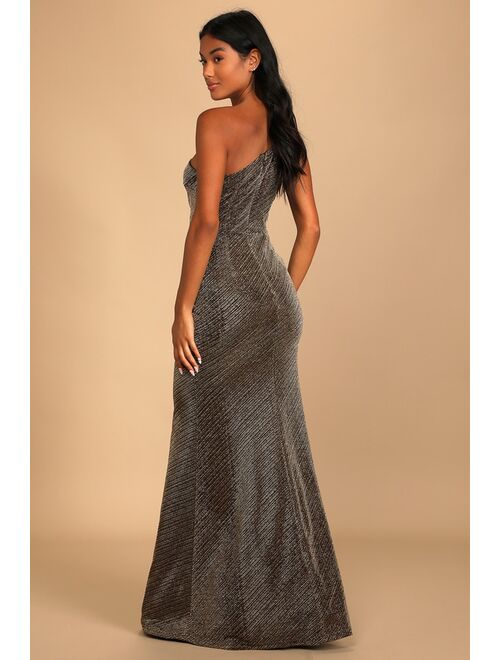 Lulus Win Me Over Black and Gold One-Shoulder Maxi Dress