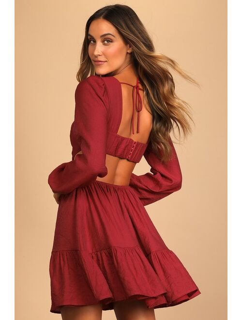 Lulus Splendid Surprise Red Long Sleeve Cutout Ruffled Mini Dress