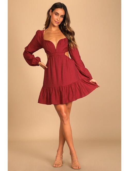 Lulus Splendid Surprise Red Long Sleeve Cutout Ruffled Mini Dress