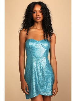 Splendid Soiree Dark Green Sequin Strapless Mini Dress