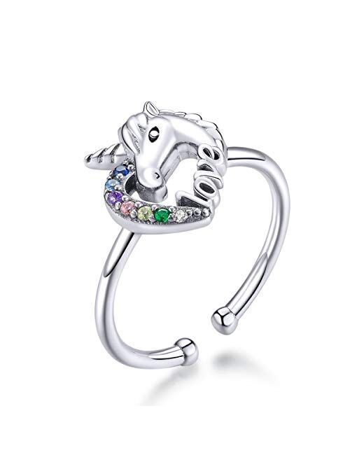 kokoma Cute Unicorn Love Heart Open Rings Sterling Silver Lovely Colorful Crystal CZ Statement Eternity Engagement Wedding Ring Tail Finger Band Fashion Jewelry Gifts