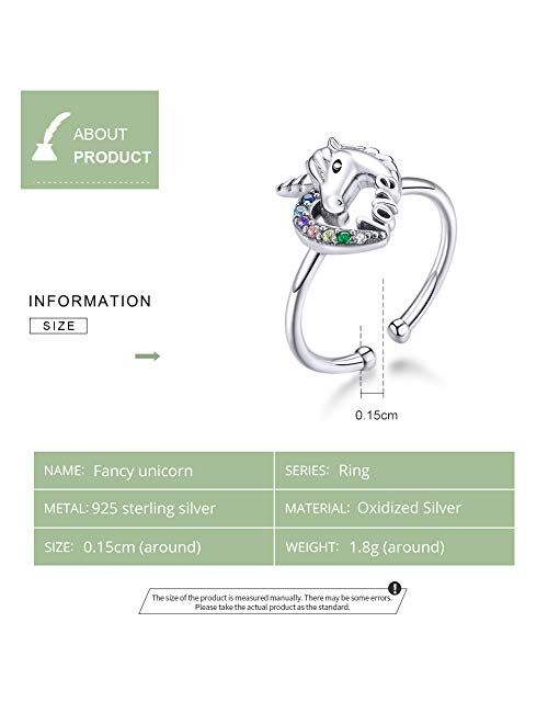 kokoma Cute Unicorn Love Heart Open Rings Sterling Silver Lovely Colorful Crystal CZ Statement Eternity Engagement Wedding Ring Tail Finger Band Fashion Jewelry Gifts