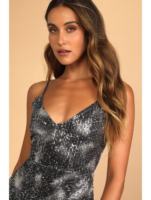 Lulus Daring to Dance Gunmetal Sequin Bodycon Tulip Mini Dress