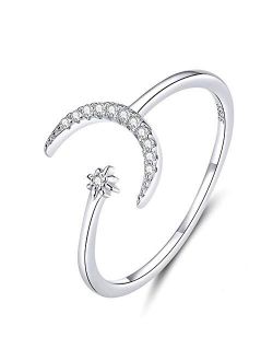 Crescent Moon Statement Rings Sterling Silver for Women Teen Girls Adjustable Dainty Rhinestone Diamond Star Promise Eternity Engagement Wedding Ring Finger Cuff