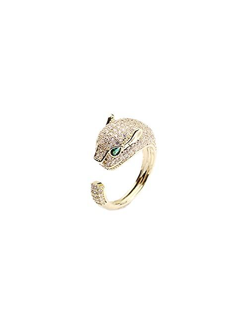 kokoma Fashion Leopard Statement Rings for Women Girls Animal Panther Green Eyes CZ Crystal Adjustable Stacking Ring Finger Band Unique Jewelry Gifts 18K Gold Plated