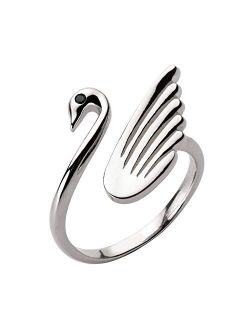 Cute Swan Open Rings 925 Sterling Silver Adjustable Finger Band Engagement Wedding Ring for Women Girls