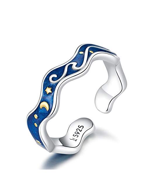 Kokoma Starry Sky Moon Star Open Statement Ring S925 Sterling Silver Fashion Blue Universe Waves Adjustable Stacking Engagement Wedding Rings Jewelry Gift