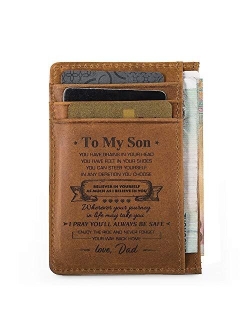 Engraving Brown Leather Card Case Minimalist Front Pocket Wallets for Men Women Holder Purse for Man Husband Dad Son Daughter Grandpa for Birthday/Anniversary/Christmas