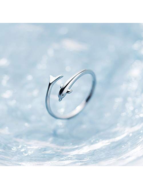 Kokoma Little Dolphin Sterling Silver Statement Open Rings for Women Girls Cute Animal Cuff Climber Tail Finger Band