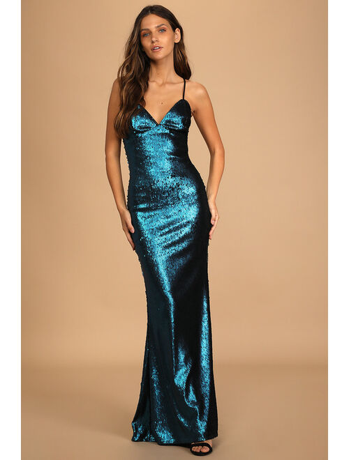 Lulus See You Stunning Teal Blue Sequin Lace-Up Maxi Dress