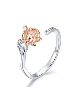 Flower S925 Sterling Silver Open Statement Rings Adjustable Stacking Finger Band Ring Dainty Engagement Jewelry Gift for Women Girls Valentine's Day