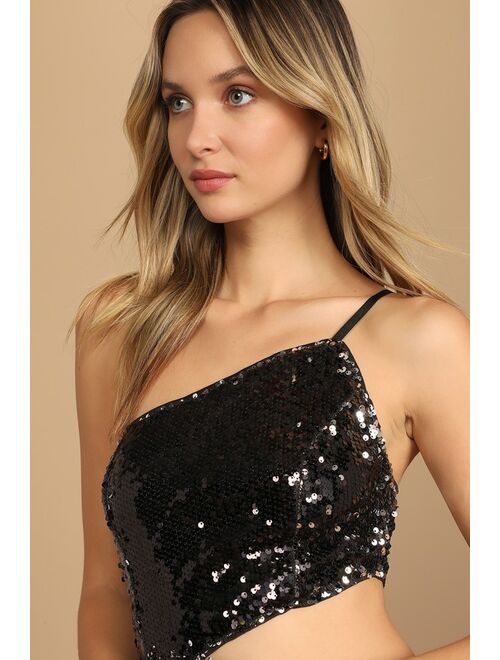 Lulus Sultry Soiree Black Sequin One-Shoulder Cutout Mini Dress