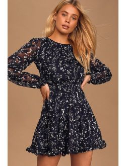 Too Cute Navy Blue Floral Print Smocked Long Sleeve Mini Dress