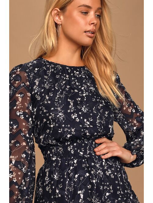 Lulus Too Cute Navy Blue Floral Print Smocked Long Sleeve Mini Dress