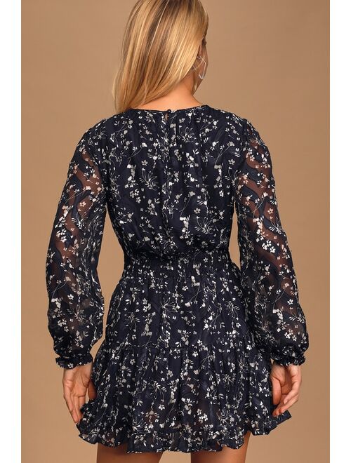 Lulus Too Cute Navy Blue Floral Print Smocked Long Sleeve Mini Dress