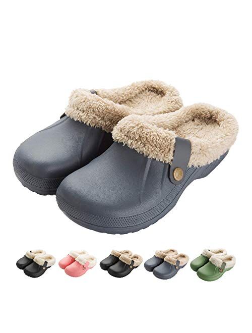 Knemksplanet Women Men Fur Lined Clogs Winter Warm Fuzzy House Slippers Non-Slip Garden Shoes Indoor Outdoor Mules