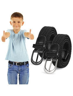 Kids Braided Elastic Stretch Belt for Boys and Girls 2 Pack Canvas Woven Belts with Solid Pin Buckle by WHIPPY