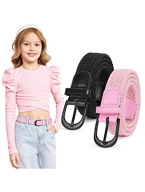 Kids Braided Elastic Stretch Belt for Boys and Girls 2 Pack Canvas Woven Belts with Solid Pin Buckle by WHIPPY