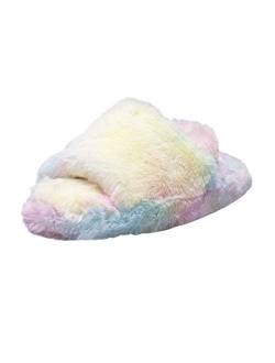 Girls Plush Faux Fur Slip on House Slippers With Memory Foam