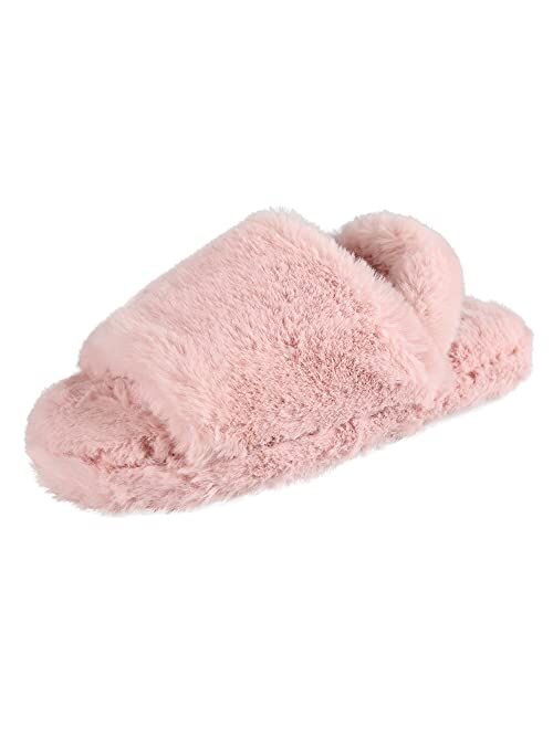 Jessica Simpson Girls Plush Faux Fur Slip on House Slippers With Memory Foam