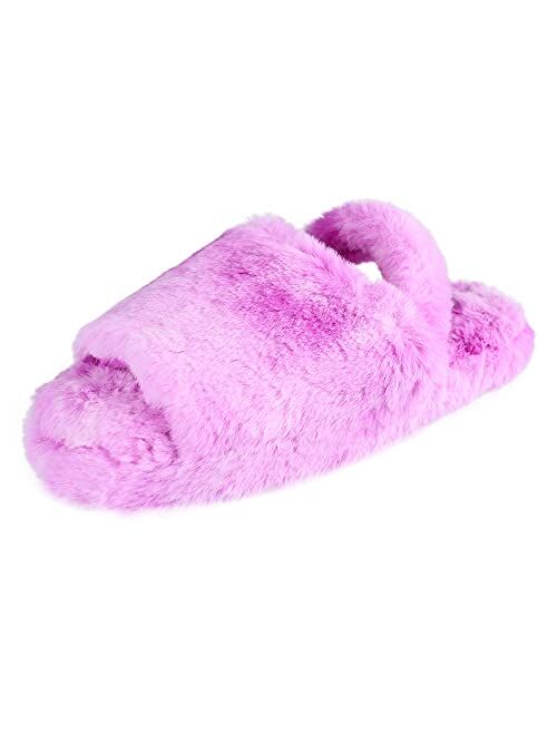 Jessica Simpson Girls Plush Faux Fur Slip on House Slippers With Memory Foam