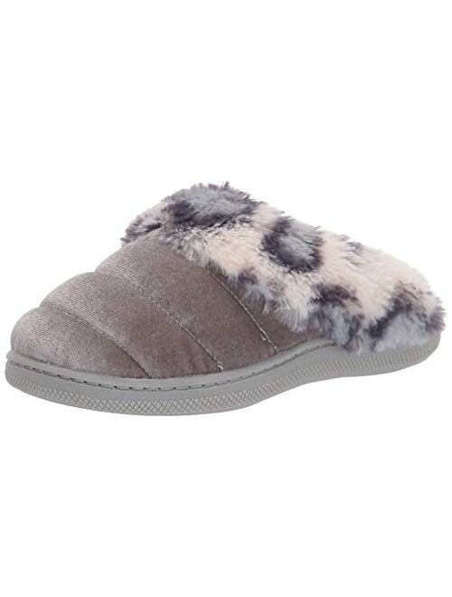 Dearfoams Kids' Evelyn Velour Clog with Leopard Cuff Slipper