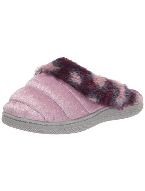 Dearfoams Kids' Evelyn Velour Clog with Leopard Cuff Slipper