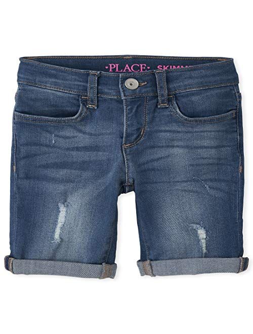 The Children's Place Girls' Roll Cuff Distressed Denim Skimmer Shorts